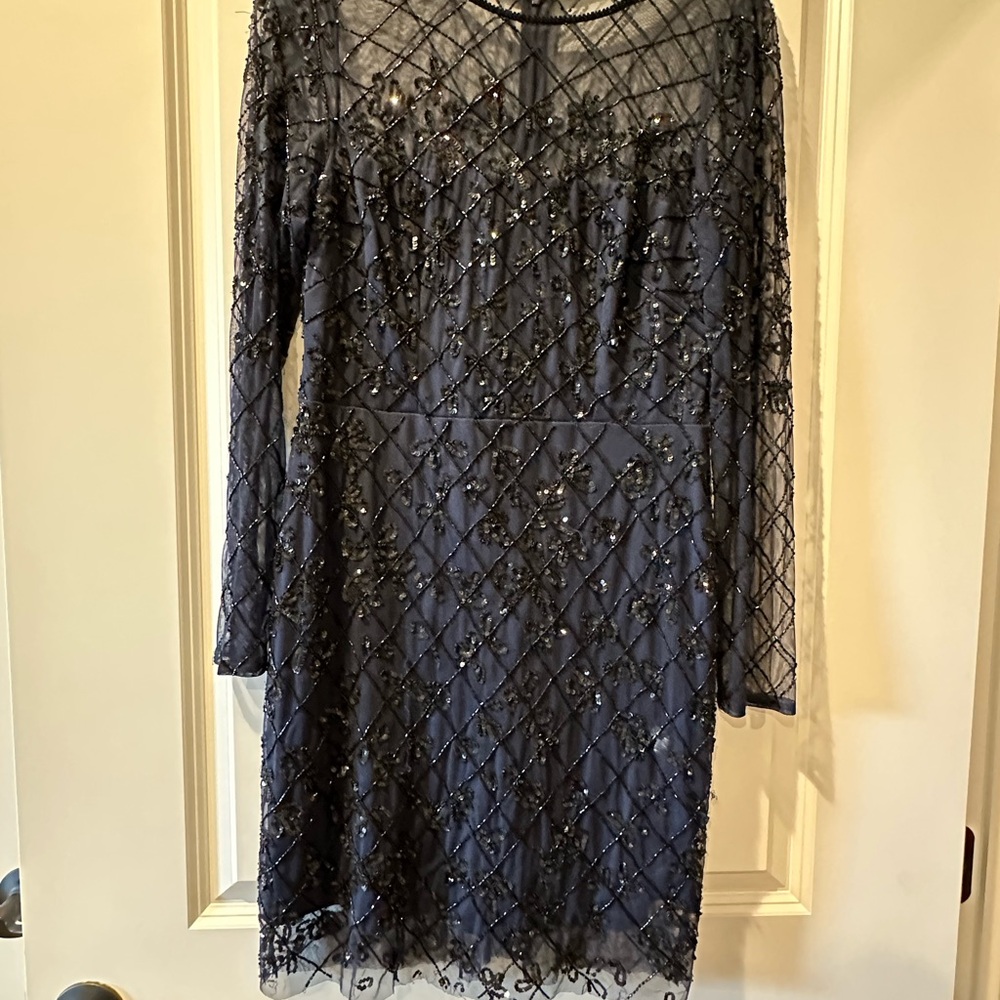 Adrianna Papell Navy Blue Long Sleeve Beaded Cocktail Dress